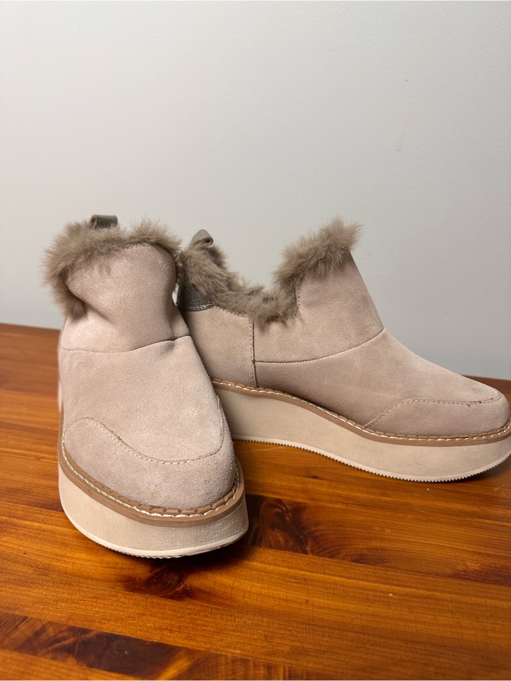Dolce Vita Taupe Suede Platform Ankle Booties with Faux Fur Trim